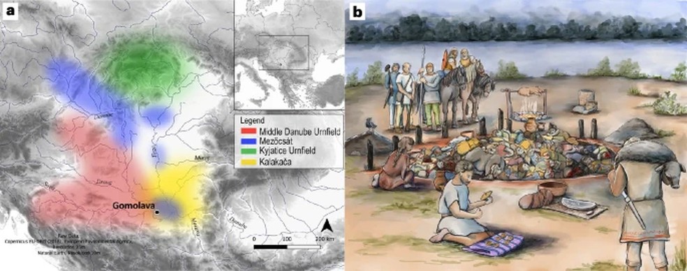 (a) Mapa mostrando a localização de Gomolava e os grupos de tipocronologia cerâmica arqueológica do início do primeiro milênio. (b) Reconstrução do evento funerário — Foto: Nature Human Behaviour