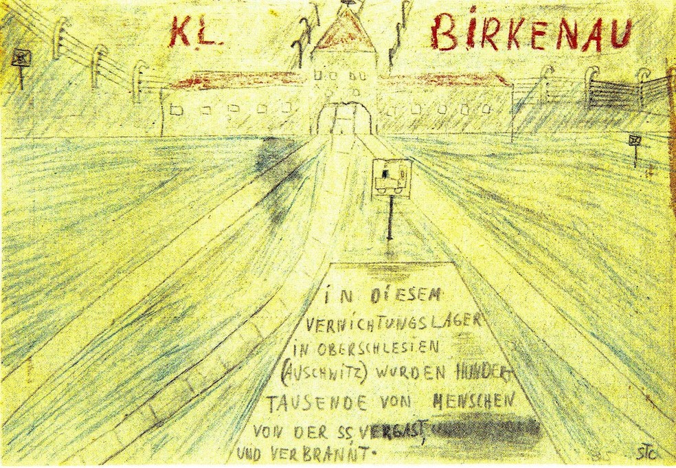 Em um dos desenhos, Geve ilustrou a entrada no campo de concentração de Auschwitz, em Birkenau — Foto:  Thomas Geve/Acervo Pessoal