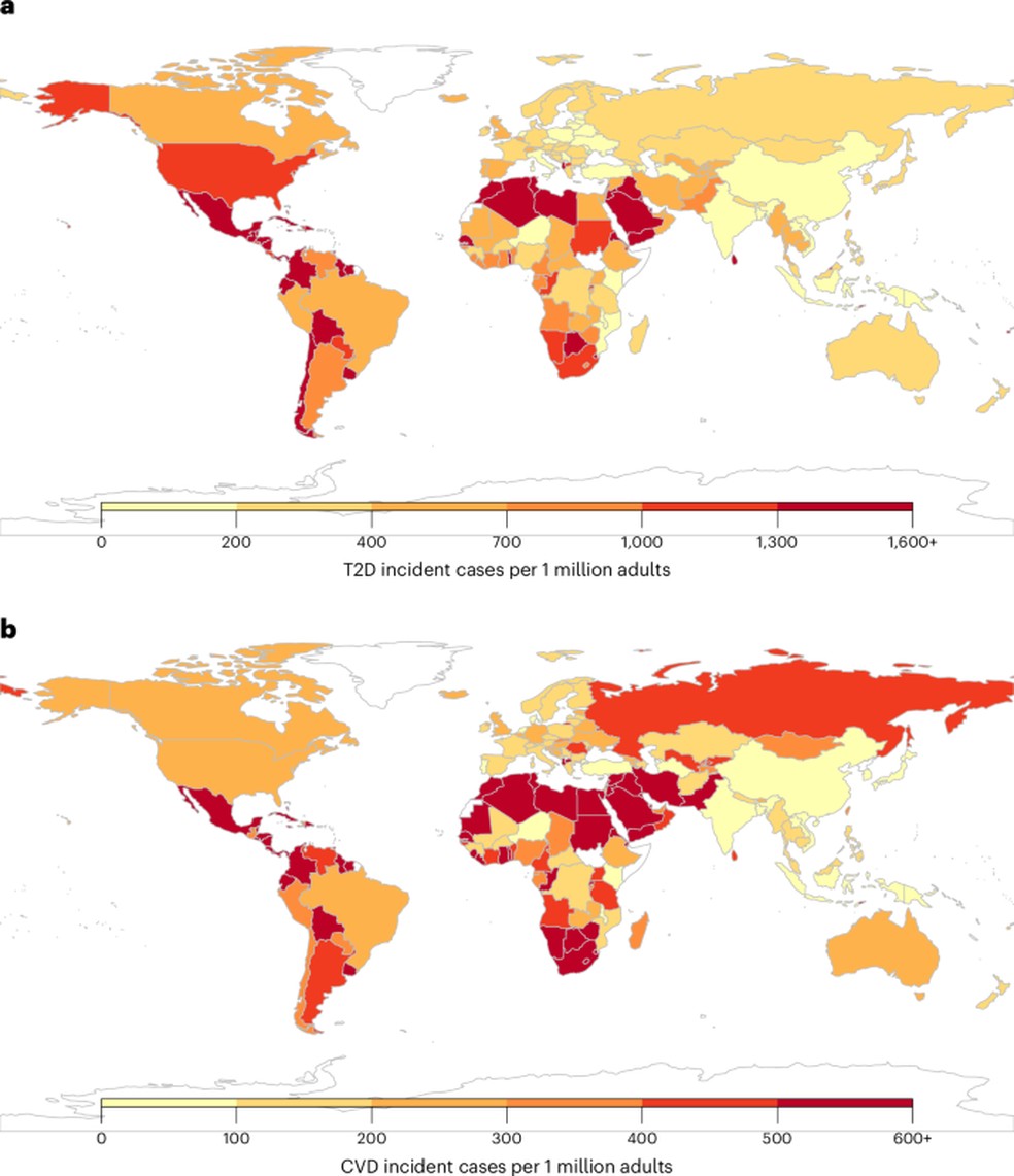 Incidência de diabetes tipo 2 e doença cardiovascular por 1 milhão de adultos em 184 países em 2020 — Foto: Lara-Castor et al.