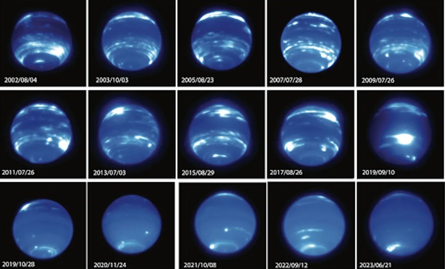 Mudança dramática na aparência de Netuno observada no final de 2019 até junho de 2023. Imagens foram obtidas pelo instrumento NIRC2 e pelo sistema de óptica adaptativa no Telescópio Keck II
