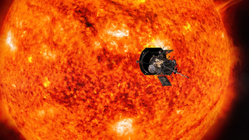Representação da espaçonave Parker Solar Probe se aproximando do Sol — Foto:  NASA/Johns Hopkins APL/Steve Gribben