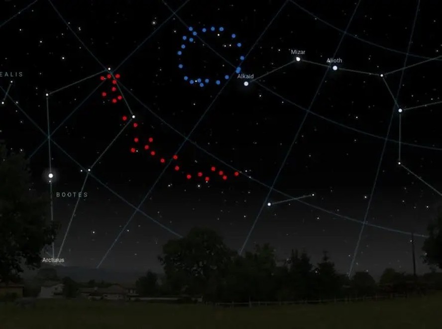Uma representação artística de como o Grande Anel (mostrado em azul) e o Arco Gigante (mostrado em vermelho) pareceriam no céu