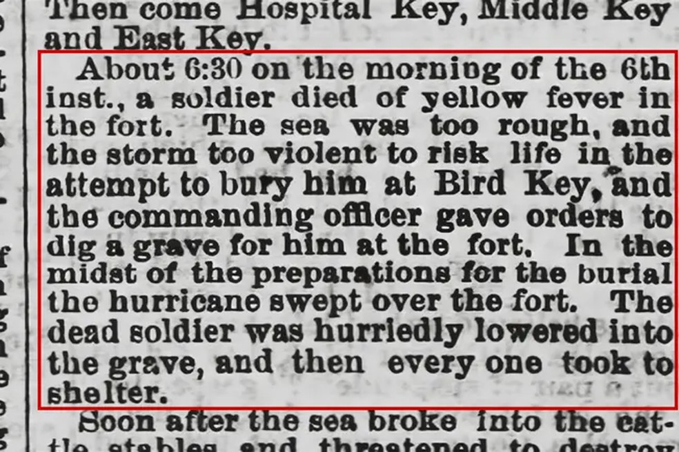 Artigo do jornal Harrisburg Telegraph, de 18 de outubro de 1873, descreve o enterro do soldado George Tupper dentro de Fort Jefferson devido à aproximação de um furacão — Foto: Serviço Nacional de Parques