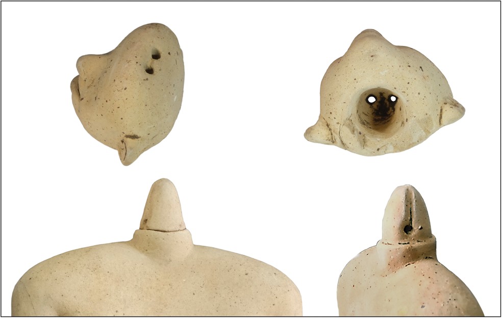 Protrusão e encaixe permitindo a articulação da cabeça vista em todas as três grandes estatuetas — Foto: figura de J. Przedwojewska-Szymańska/PASI