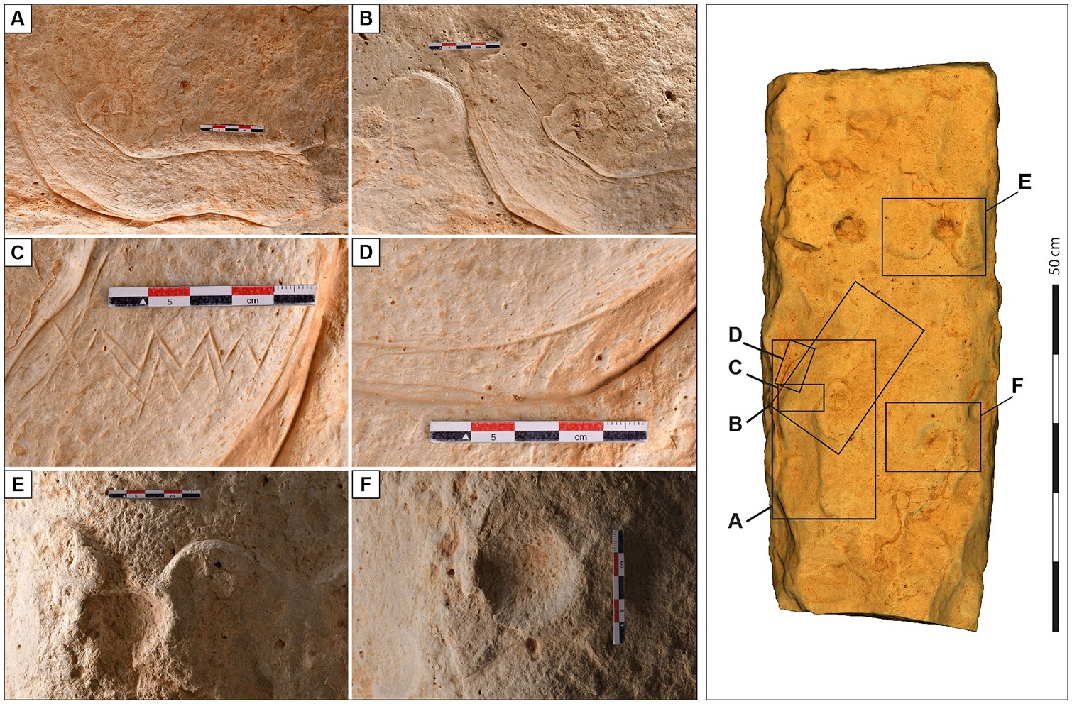 Fotografias detalhadas da superfície de pedra gravada de Jibal al-Khashabiyeh, Jordânia — Foto: Rémy Crassard et.al 