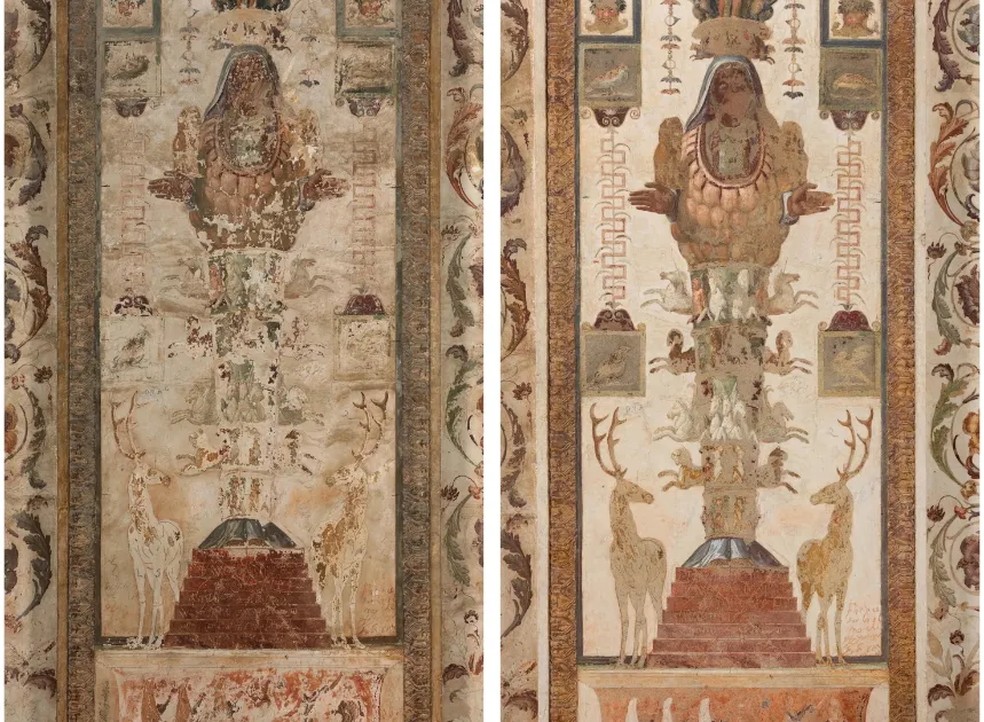 Partes dos afrescos antes e depois da restauração — Foto: Vatican Museums