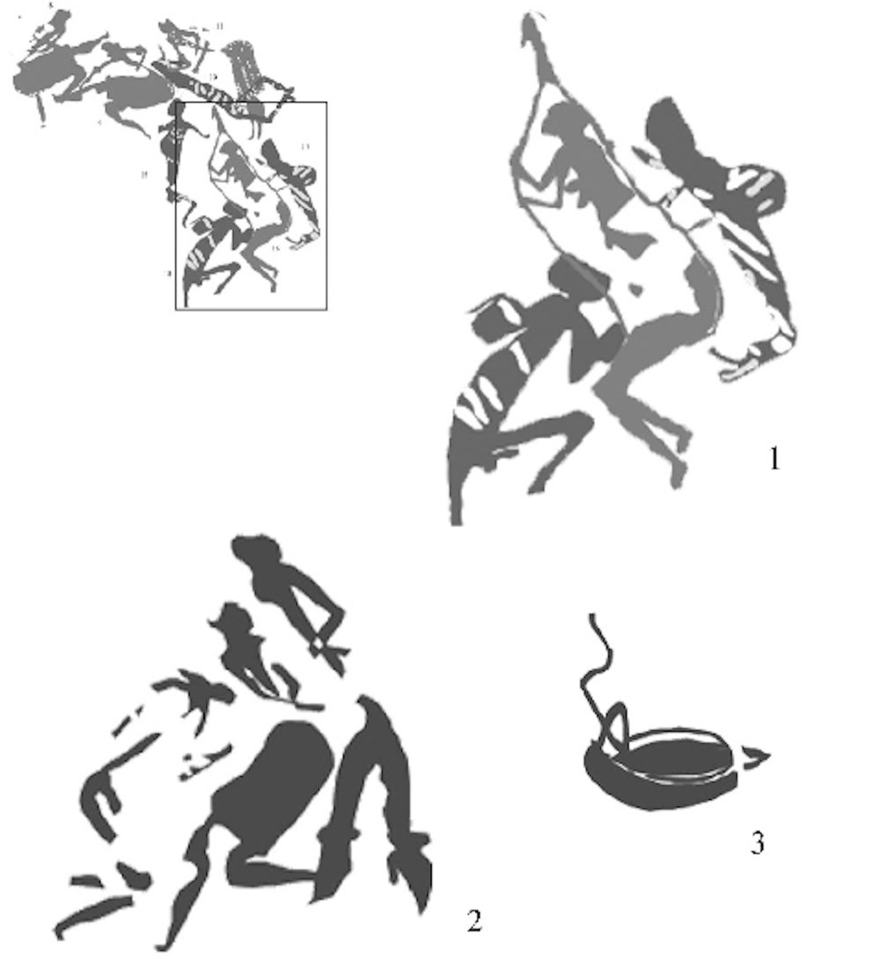 Esquema das representações de crianças nas pinturas rupestres do abrigo de Centelles. Possíveis cenas de nascimento (1 e 2) e possível cordão umbilical (3), segundo Domingo, 2006 — Foto: Manuel Bea / Prensas universitarias de Zaragoza