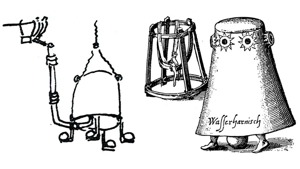 Investigadores acreditam que o sino de mergulho foi baseado num desenho de 1606 do inventor espanhol Jerónimo de Ayanz (esquerda). Um sino de mergulho projetado em 1616 pelo inventor alemão Franz Kessler também é mostrado (à direita) — Foto: Domínio Público