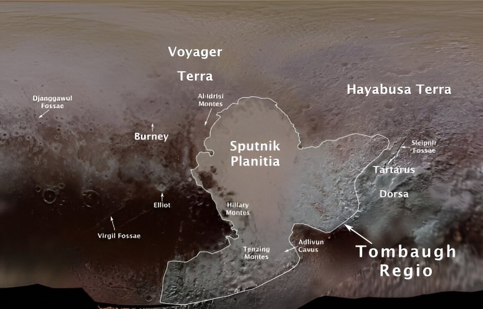Superfície de Plutão e os nomes das suas regiões. Kiladze está localizada à direita na Sputnik Planitia — Foto: NASA/JHUAPL/SwRI/Ross Beyer
