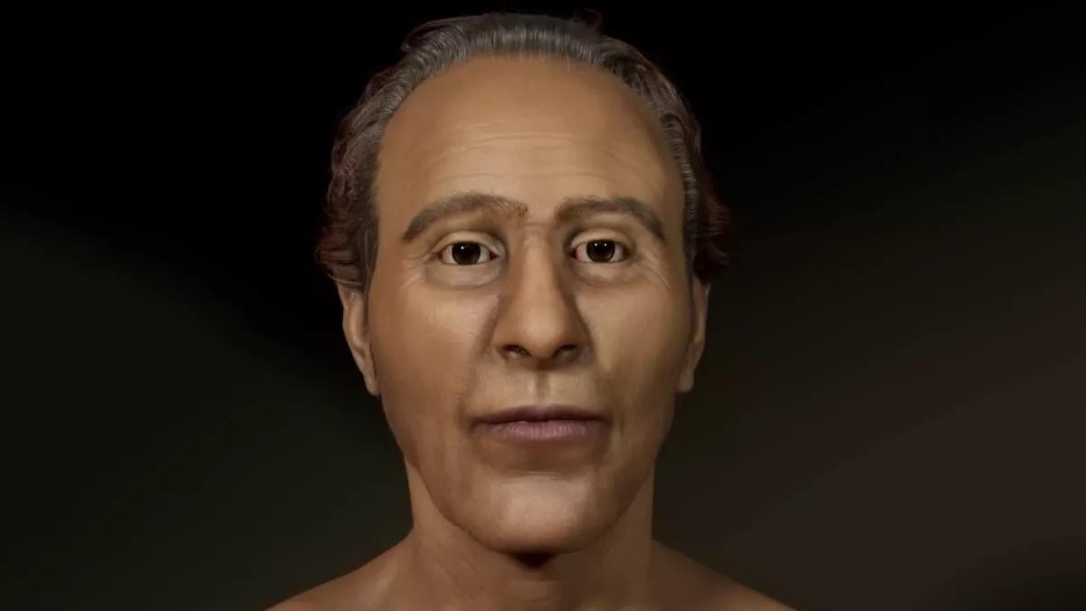 O software de regressão de idade foi usado para demonstrar como seria o faraó aos 45 anos de idade — Foto: Liverpool John Moores University Face Lab