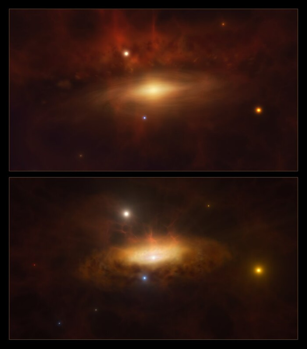 Esta impressão artística mostra dois estágios na formação de um disco de gás e poeira em torno do enorme buraco negro no centro da galáxia SDSS1335+0728 — Foto: ESO/M. Kornmesser
