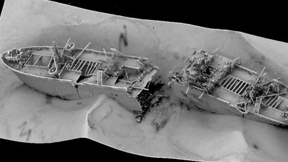 Uma imagem de sonar oferece uma visão detalhada do SS Richard Montgomery encalhado em um banco de areia sob as ondas — Foto: Maritime Coastguard Agency