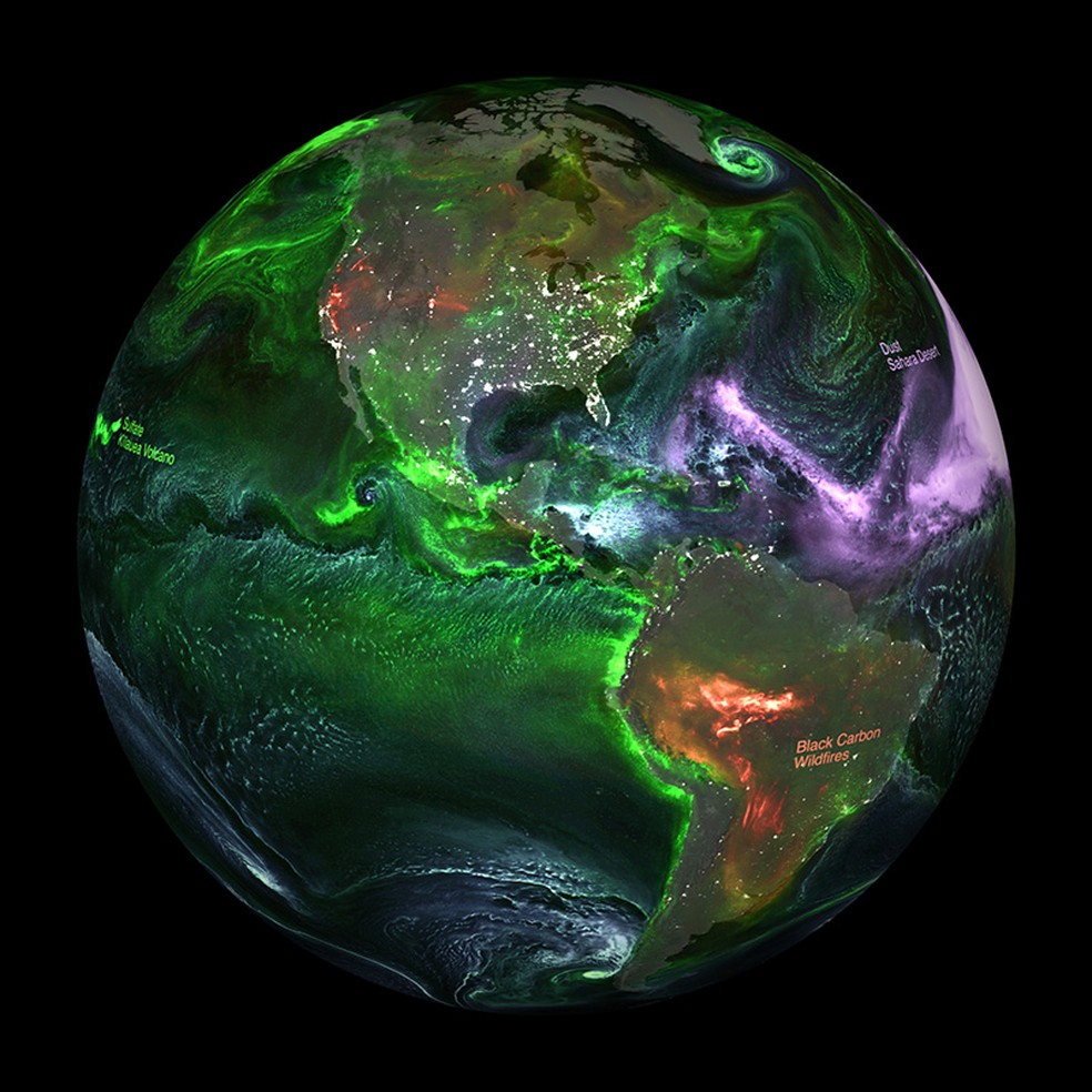 Gráfico interativo da Nasa permite analisar movimento de partículas de aerossóis pelo planeta — Foto: Nasa
