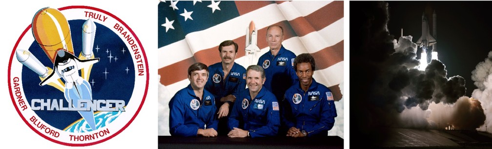 Patch da tripulação STS-8 (esquerda). Foto da tripulação STS-8 (da esquerda para a direita): Dan Brandenstein, Dale Gardner, Dick Truly, Bill Thornton, Guy Bluford (meio). Primeiro lançamento noturno de um ônibus espacial (à direita) — Foto: Divulgação / Nasa