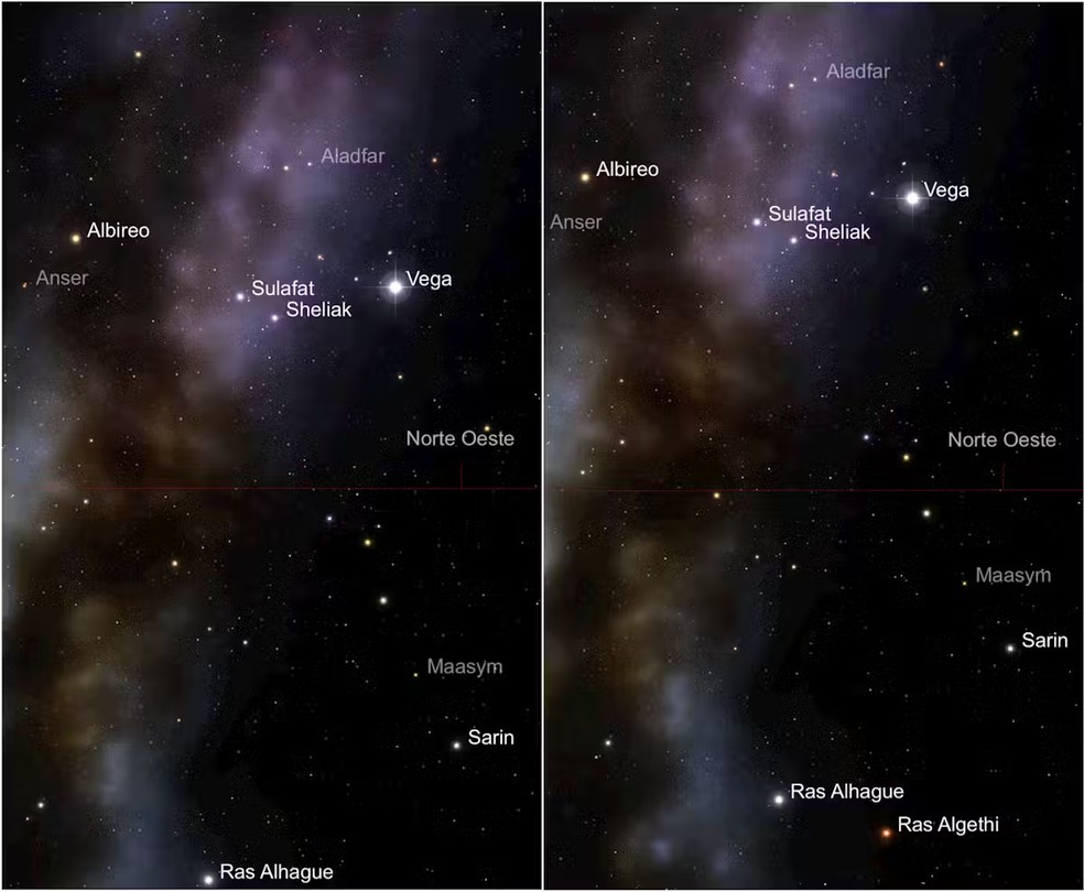 Vista do céu a partir de Granada (esquerda) e Santander (direita), em 13/11/2025 às 11:30. — Foto: Reprodução