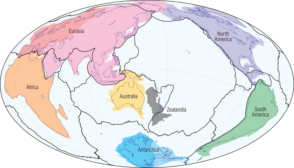 Nova proposta de divisão dos continentes, que considera a Zelândia como uma porção independente da Oceania — Foto: Nick Mortimer
