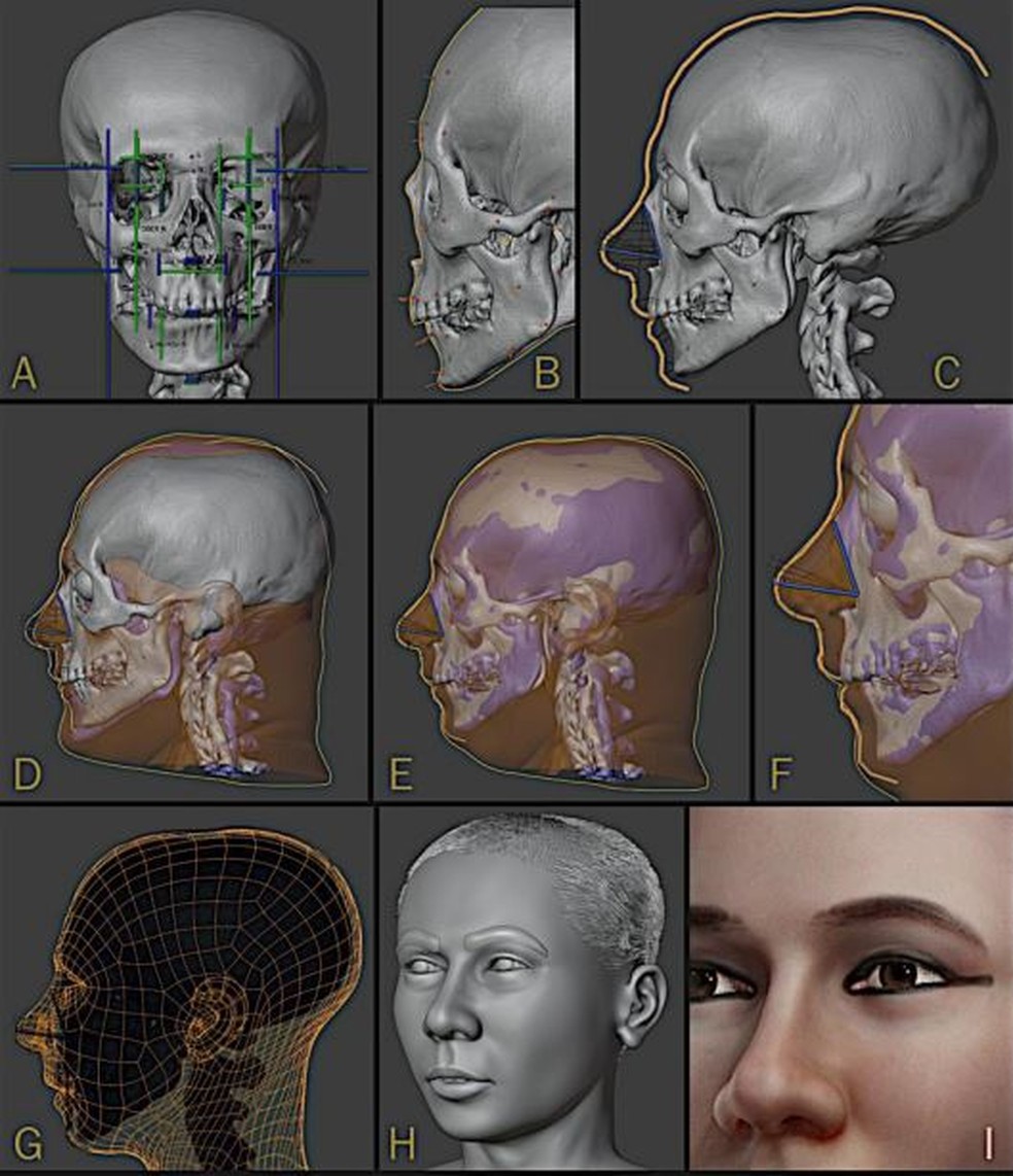 Passos do processo de elaboração da aproximação facial forense   — Foto: Moraes et.al 