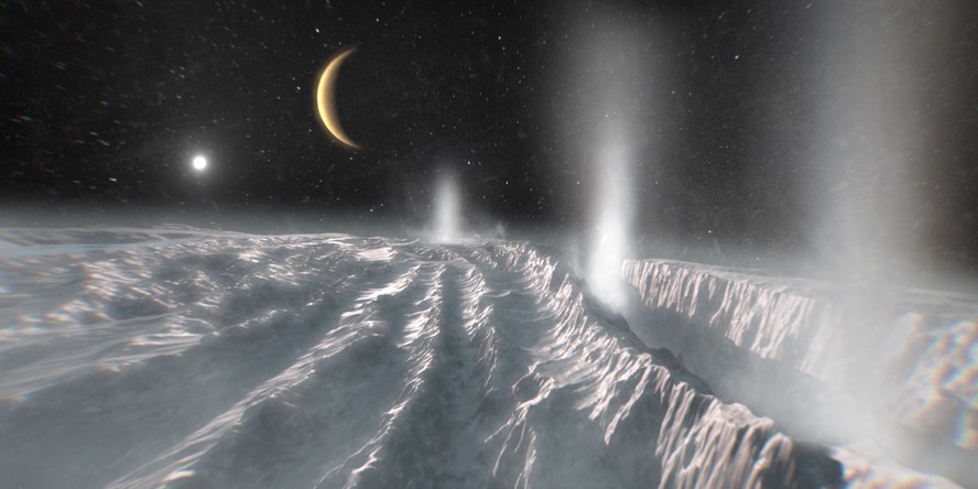 Esta impressão artística retrata jatos térmicos saindo pela superfície gelada da região polar sul da lua Encélado, de Saturno