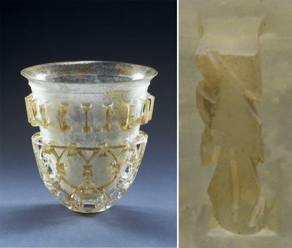 Vaso de vidro vazado com detalhe à direita, de 350–400 d.C, com inscrição: BIBE MVLTIS ANNIS (Tradudição: Beba [que você viva] por muitos anos!). — Foto: Corning Museum of Glass