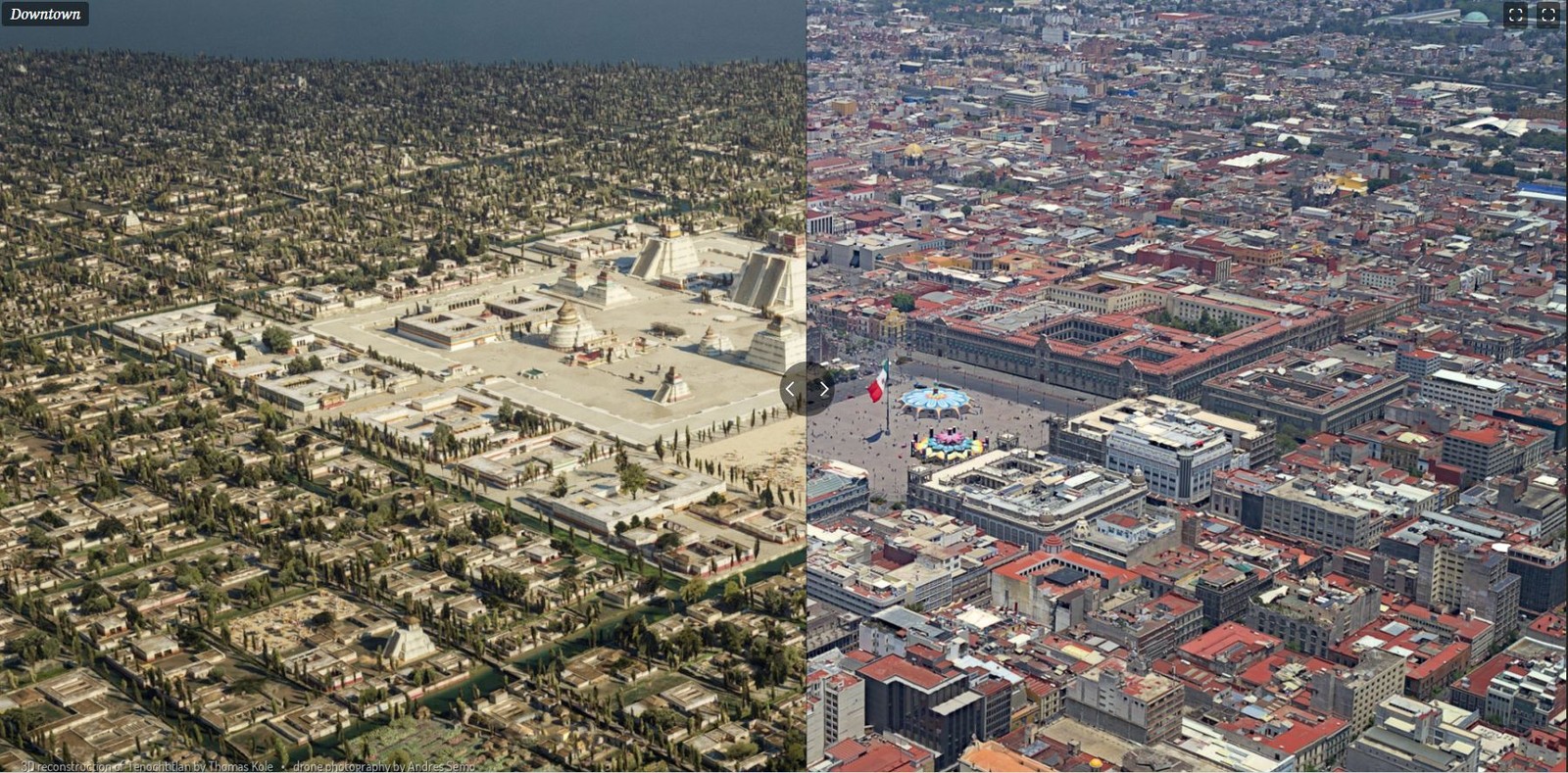 Passado versus o presente de Tenochtitlán, na Cidade do México 