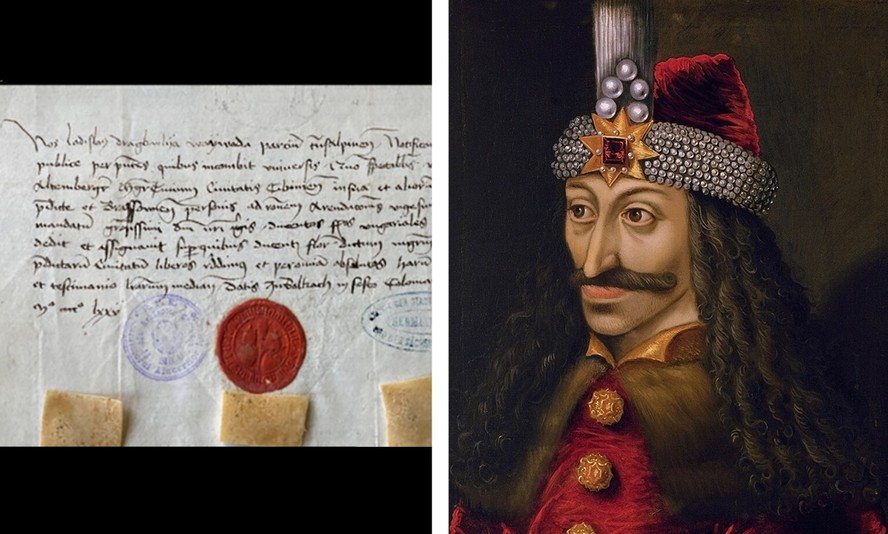 Uma das cartas atribuídas a Vlad, o Empalador (à esquerda) e pintura do príncipe romeno do século 15 (à direita)