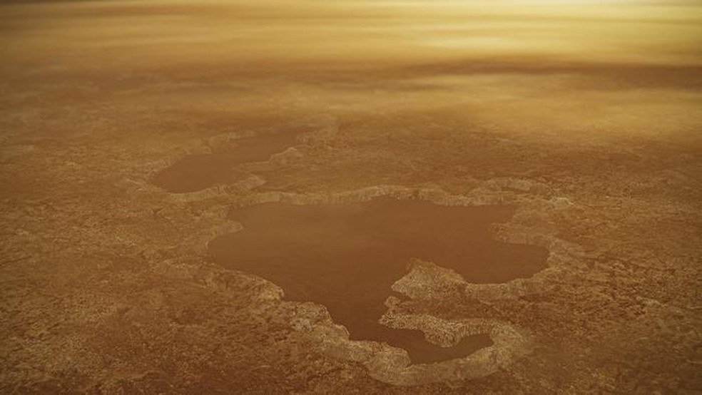 Conceito artístico de um lago em Titã — Foto: NASA/JPL-Caltech