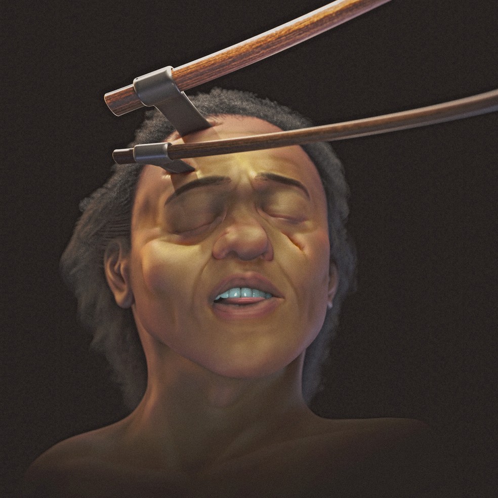 Imagem postmortem do faraó com machados — Foto: Cícero Moraes