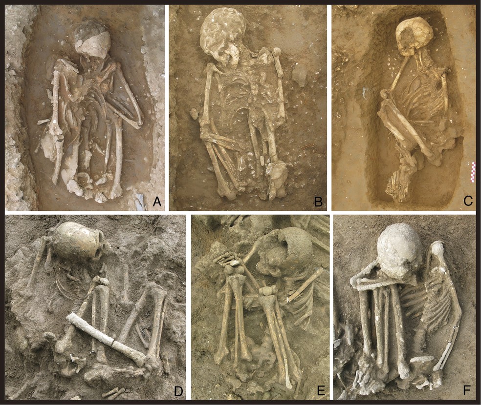 Sepultamentos humanos encontrados em stios arqueolgicos de conchas na Regio Autnoma de Guangxi, no sul da China. Indivduos foram enterrados em posies flexionadas, alguns em posturas encolhidas.  Foto: Proceedings of the National Academy of Sciences