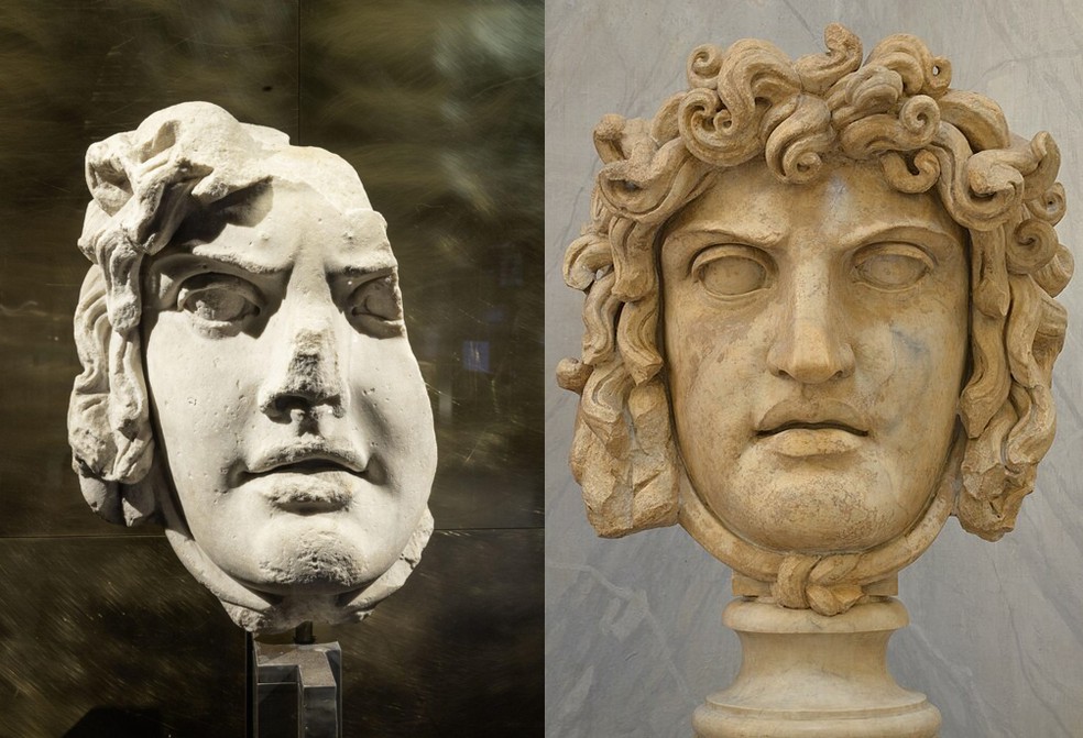 Comparação entre a máscara de Medusa encontrada nas escavações de metrô e uma que permanece conservada nos Museus do Vaticano — Foto: Divulgação/Parque Arqueológico do Coliseu, Carole Raddato