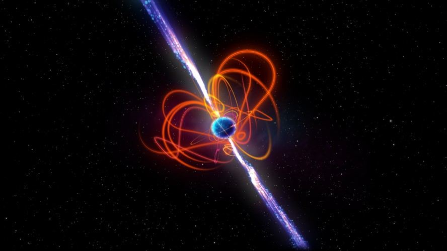 Reprodução de um magnetar de período ultralongo, tipo raro de estrela com campos magnéticos extremamente fortes que podem produzir poderosas rajadas de energia