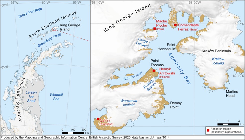 Mapa da Ilha Rei George na Península Antártica e da Geleira Ecology, onde o corpo Dennis foi encontrado — Foto: MAGIC, BAS