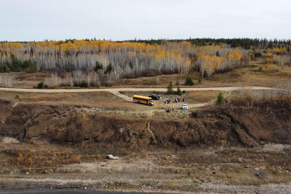 Imagem áerea do sítio arqueológico Âsowanânihk, que o nome significa "um lugar para cruzar" na língua cree. — Foto: Sturgeon Lake First Nation