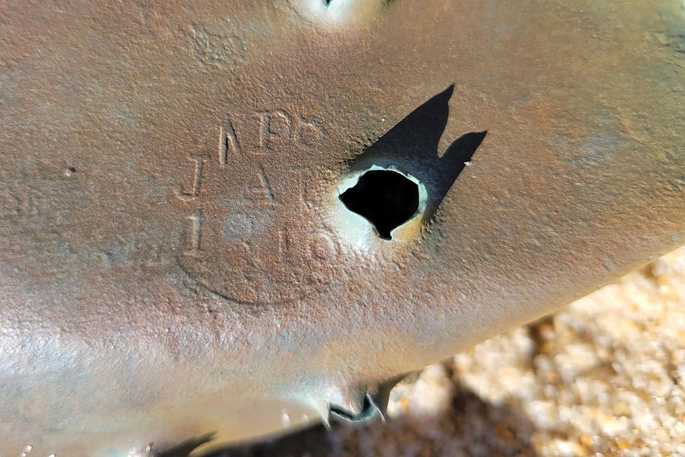 Pedaço de revestimento de cobre com um carimbo de 1810 — Foto: Parks Canada