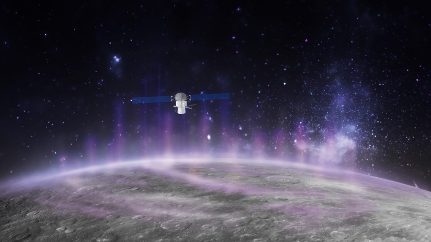 Representação artística da missão BepiColombo voando através da precipitação de elétrons que podem desencadear auroras de raios X na superfície de Mercúrio