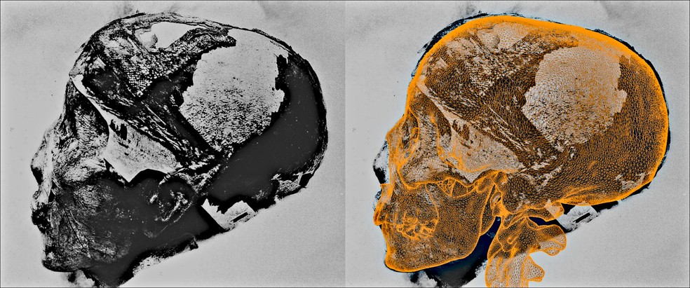 Fotografia da cabeça de Tutancâmon (à esquerda) e sobreposição de teste de crânio 3D sobre ela — Foto: Creative Commons 