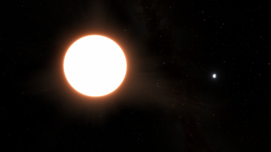 Interpretação de artista do exoplaneta LTT9779b orbitando sua estrela