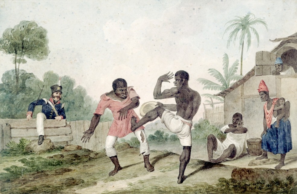Pintura de Augustus Earle, feita por volta de 1824, mostra negros escravizados jogando capoeira — Foto: Wikimedia Commons
