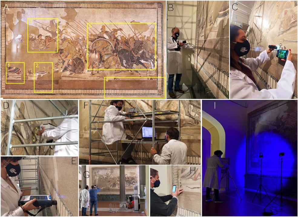 Fotos da campanha arqueométrica não invasiva e não destrutiva conduzida com a peça — Foto: G. Balassone et al.