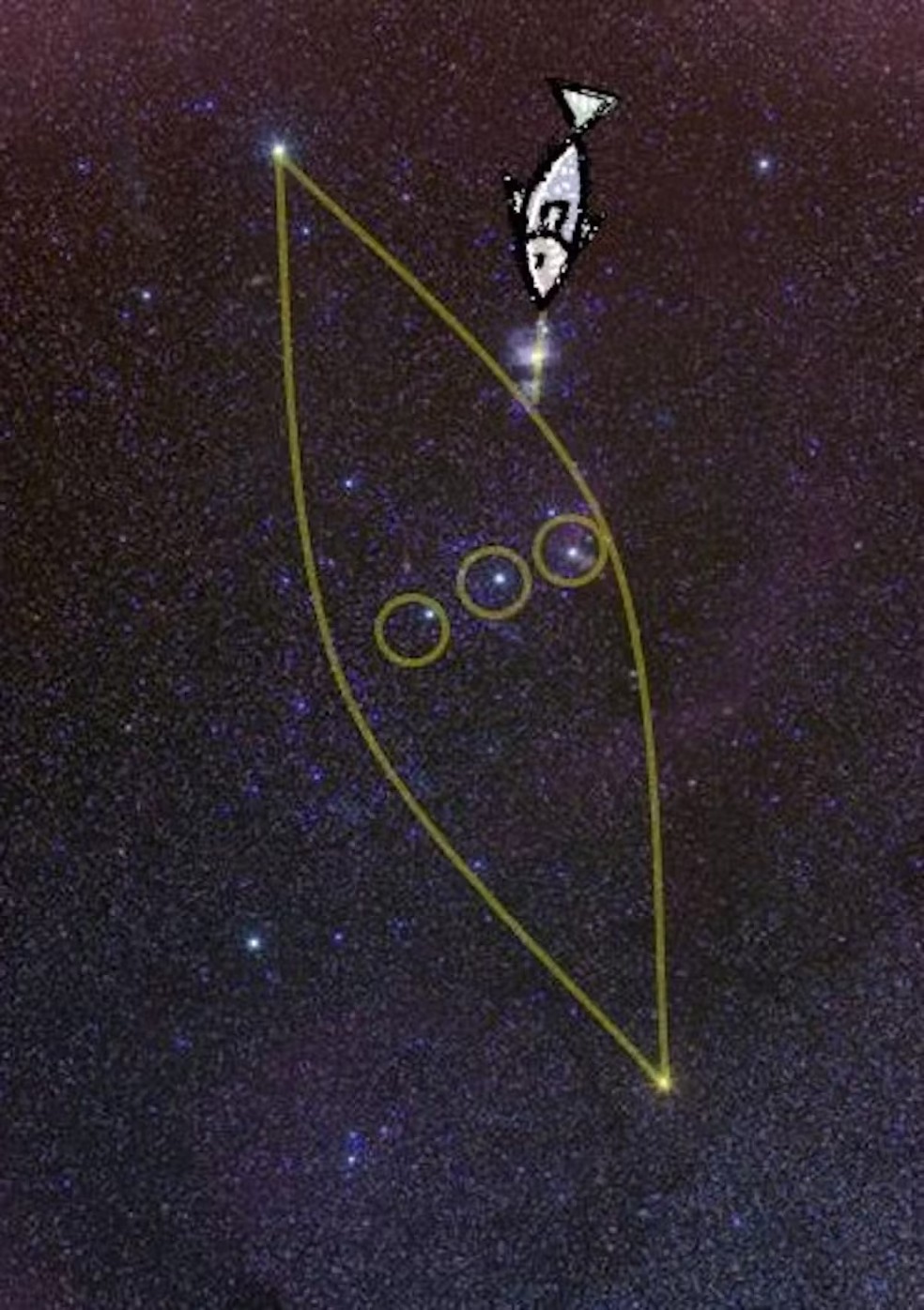 Uma interpretação aborígene australiana da constelação de Órion do povo Yolngu do norte da Austrália. As três estrelas do cinturão de Órion são três jovens que foram pescar em uma canoa e pegaram um peixe-rei proibido, representado pela Nebulosa de Órion, baseado  em relatos orais e escritos Yolngu. — Foto: Ray Norris