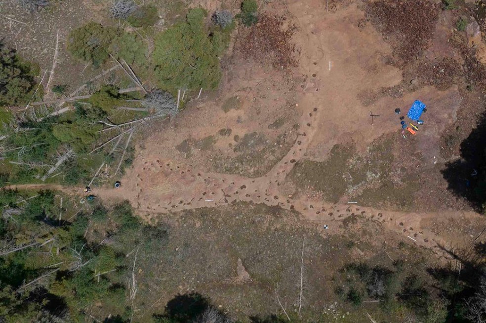 Vista áerea da pegada do dinossauro realizada por drone — Foto: Dr. Paul Murphey