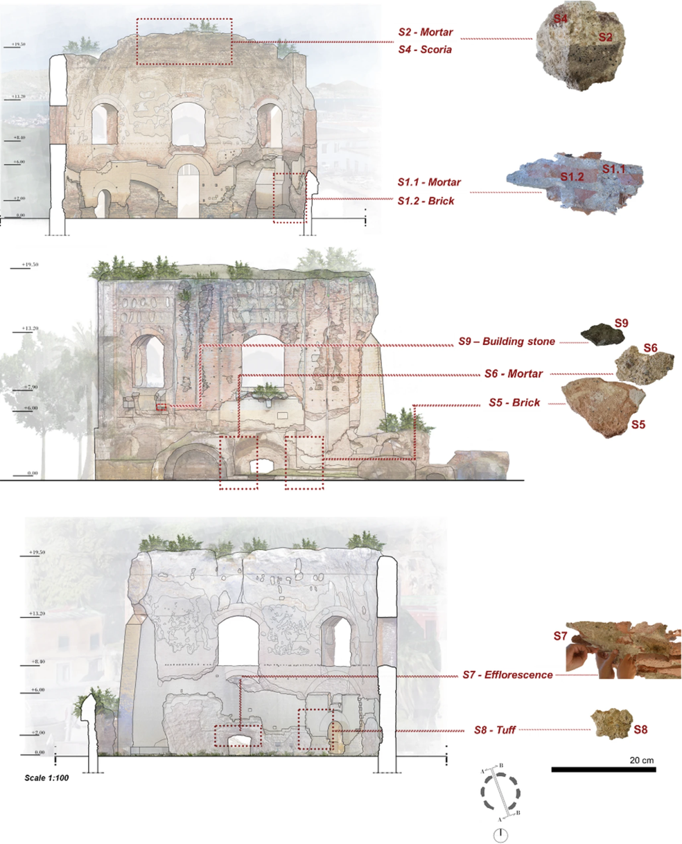 As rochas encontradas nas paredes do Templo de Vênus apresentavam composição heterogênea, com argamassas feitas à base de cal e tijolos contendo sedimentos de minerais de silicato — Foto: Rosario Antonini/Geoheritage