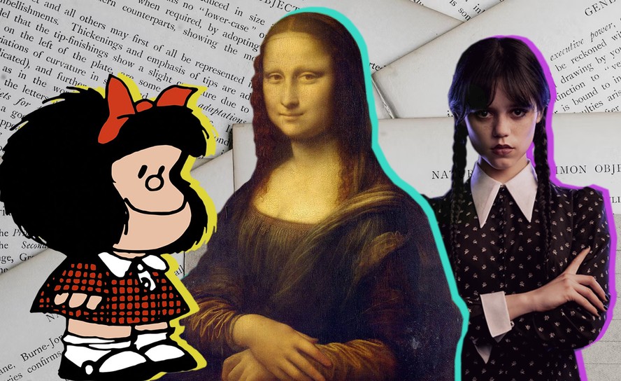 A personagem Mafalda, o quadro da Mona Lisa e a atriz Jenna Ortega como a personagem Wandinha