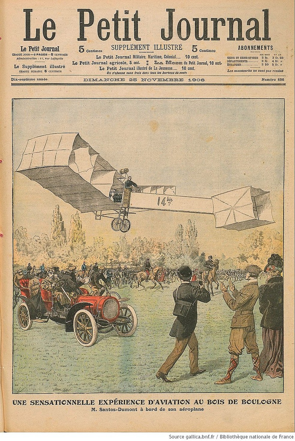 Imagem da capa do jornal parisiense "le petit journal" sobre o voo executado por Santos Dumont — Foto: wikimedia commons