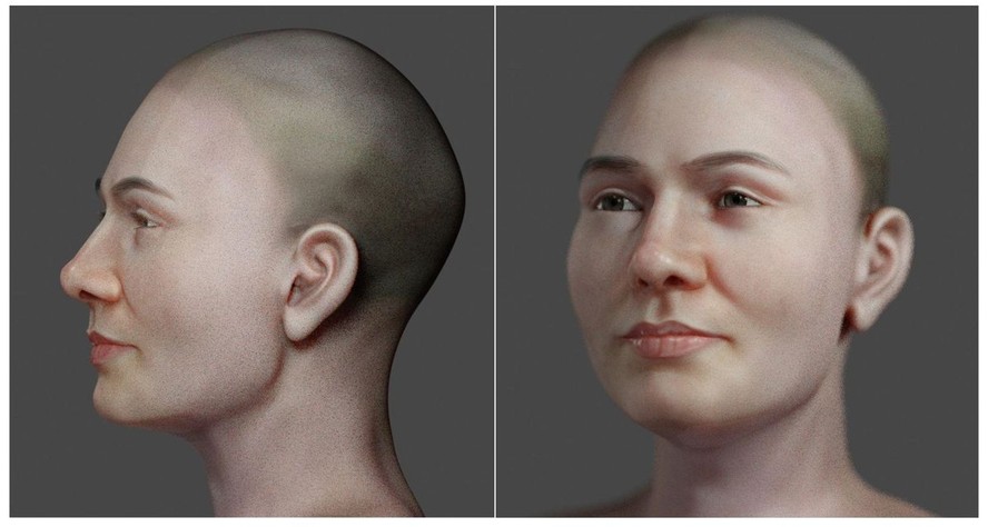 Reconstrução facial da mulher turca em cores e com olhos abertos