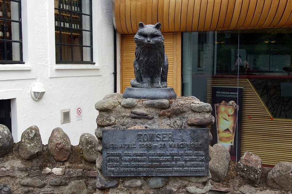Por conta do trabalho realizado pela gata recordista, a destilaria Glenturret ergueu uma estátua em sua homenagem — Foto: Reprodução/Licença Creative Commons