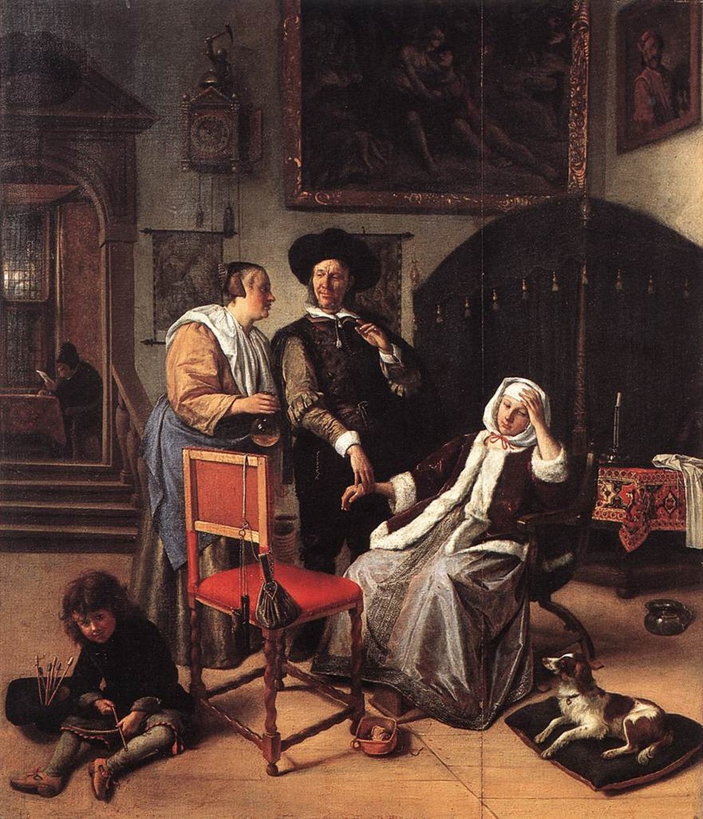 "A visita do médico", de Jan Steen. Incluída nesta pintura do século 17 está a representação de um teste de gravidez duvidoso: uma fita mergulhada na urina da paciente e depois queimada — Foto: Jan Steen/Wikimedia Commons