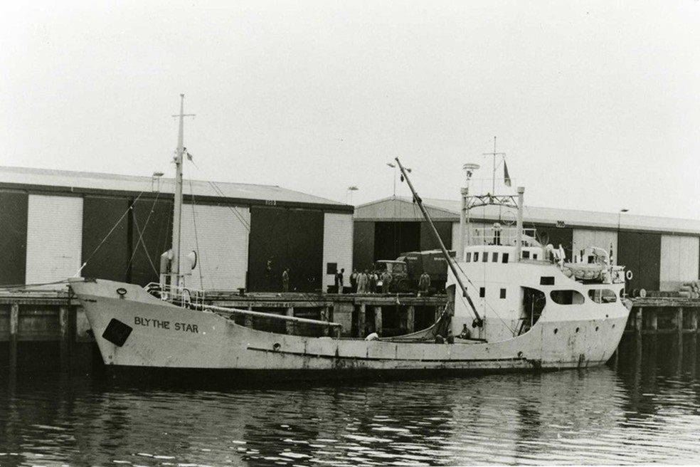 O navio MV Blythe Star que  afundou na costa sudoeste da Tasmânia em 197 — Foto: Queen Victoria Museum via AUCHD