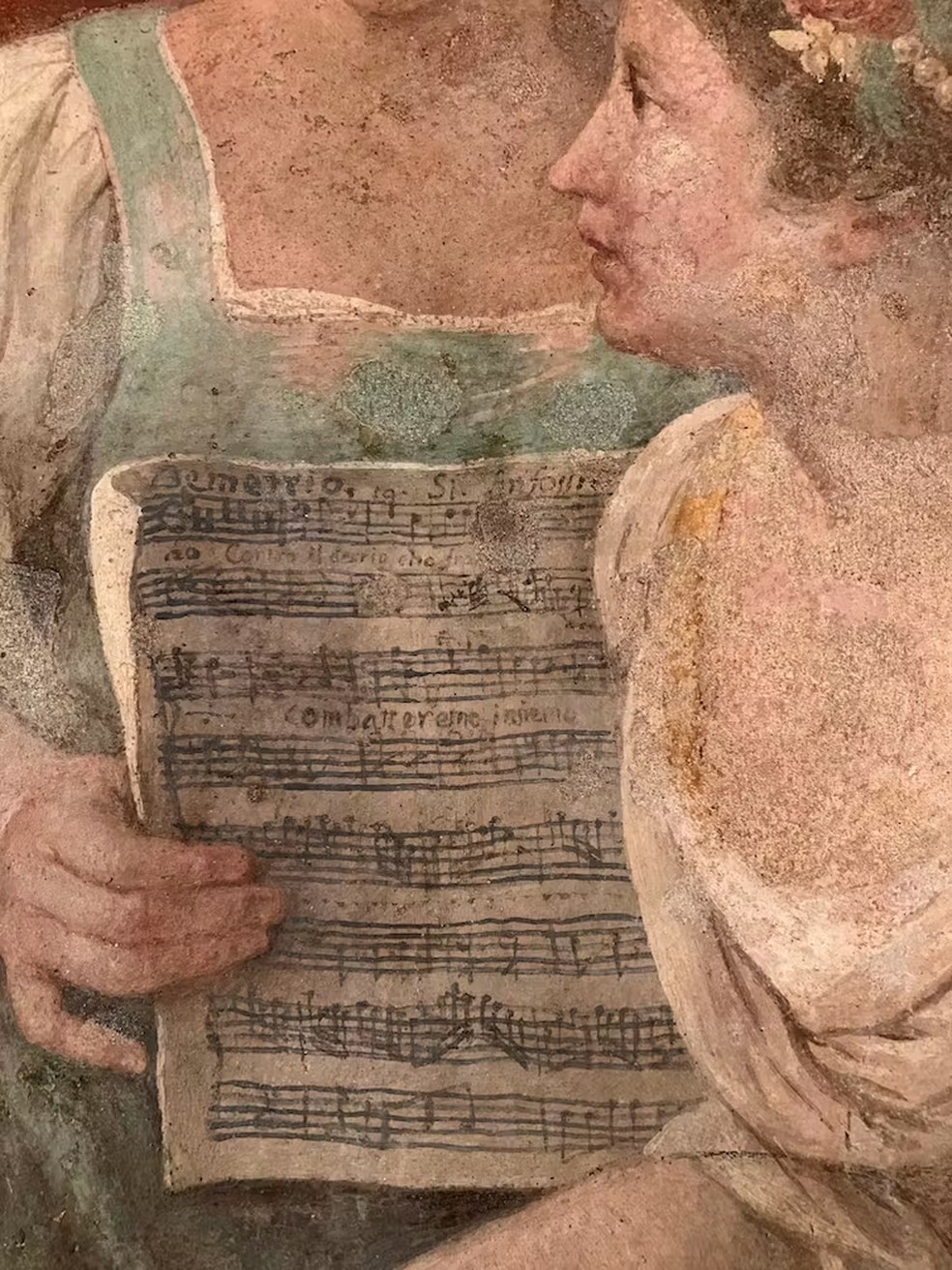 "Concerto de Putte" (1776-77), afresco de Jacopo Guarana, revela partitura — Foto: Marica S. Tacconi, CC BY-SA