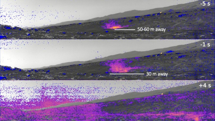 Imagens do redemoinho de poeira pela câmera Navcam do rover Perseverance. A escala de cores varia do menor teor de poeira (azul) ao maior teor (amarelo)