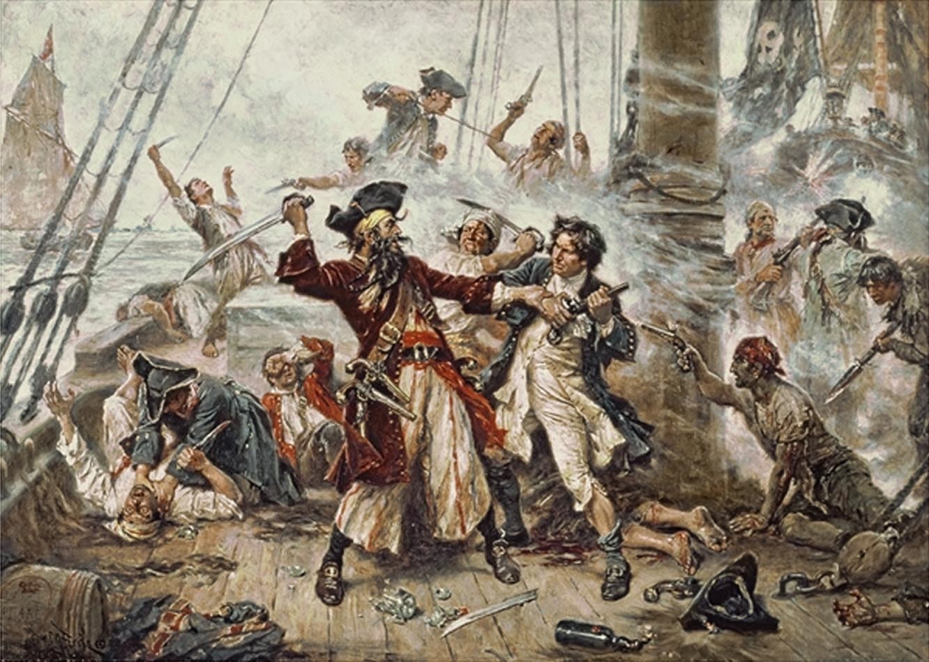 Mapa antigo da costa brasileira com navios piratas